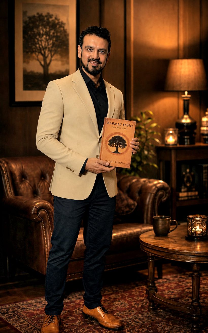 Rajat Sharma holding a copy of Karma’s Echo